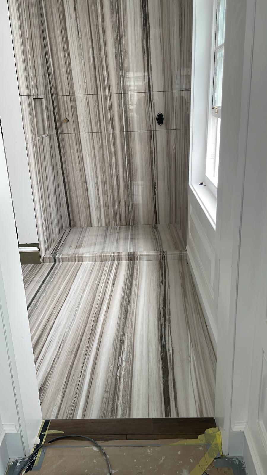 Portland Road striped marble bathroom